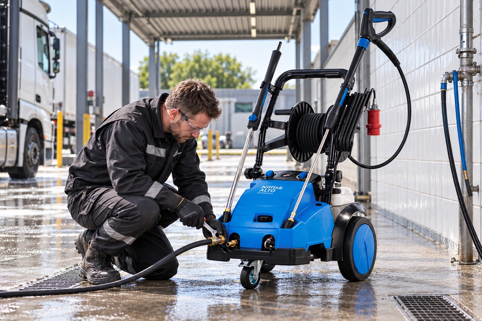 Nilfisk pressure washer field support at a commercial carwash