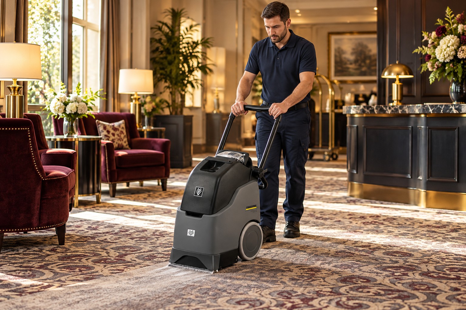 Karcher carpet cleaner working in a hotel lobby