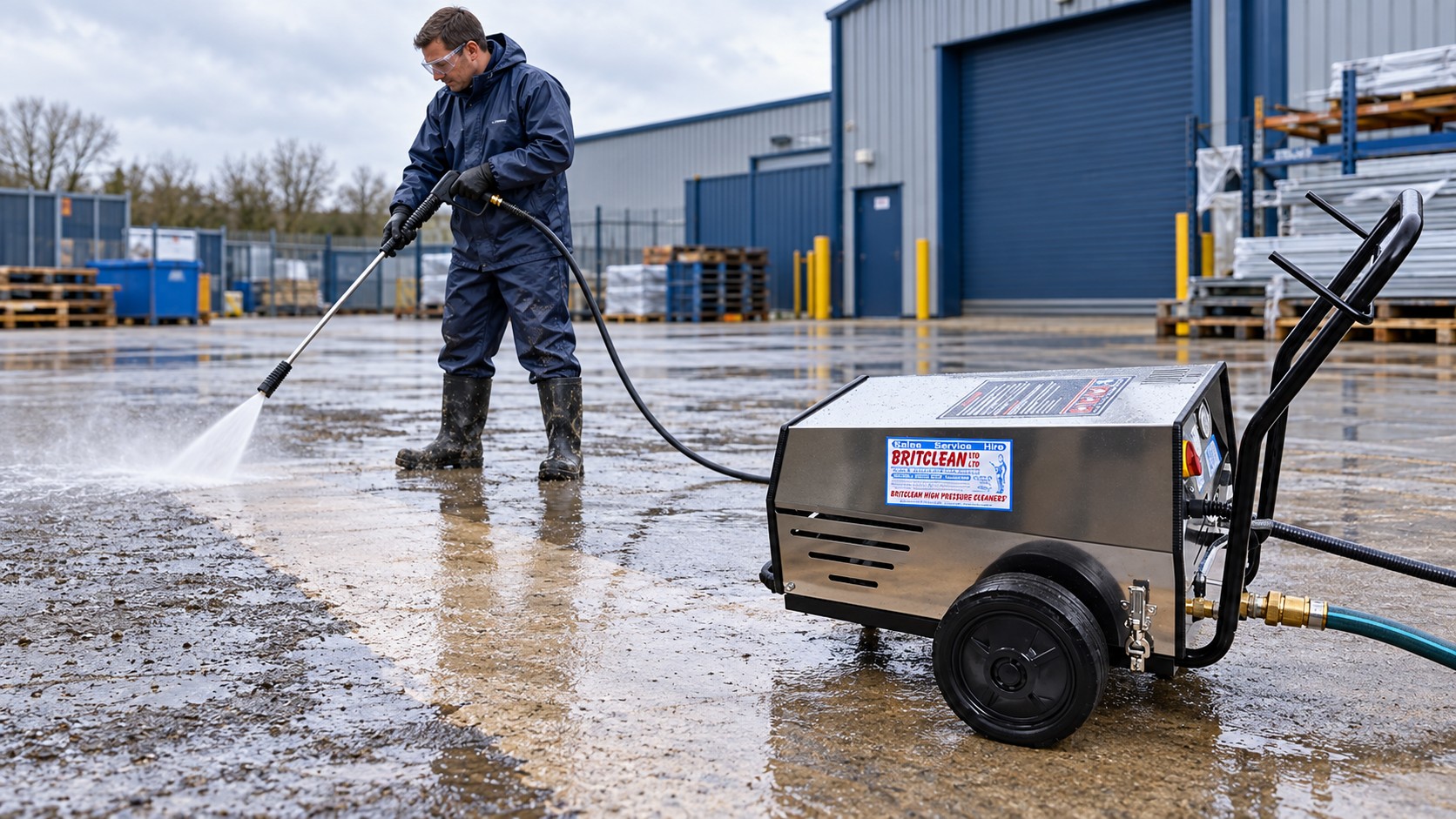 Britclean Artic pressure washer cleaning an industrial yard