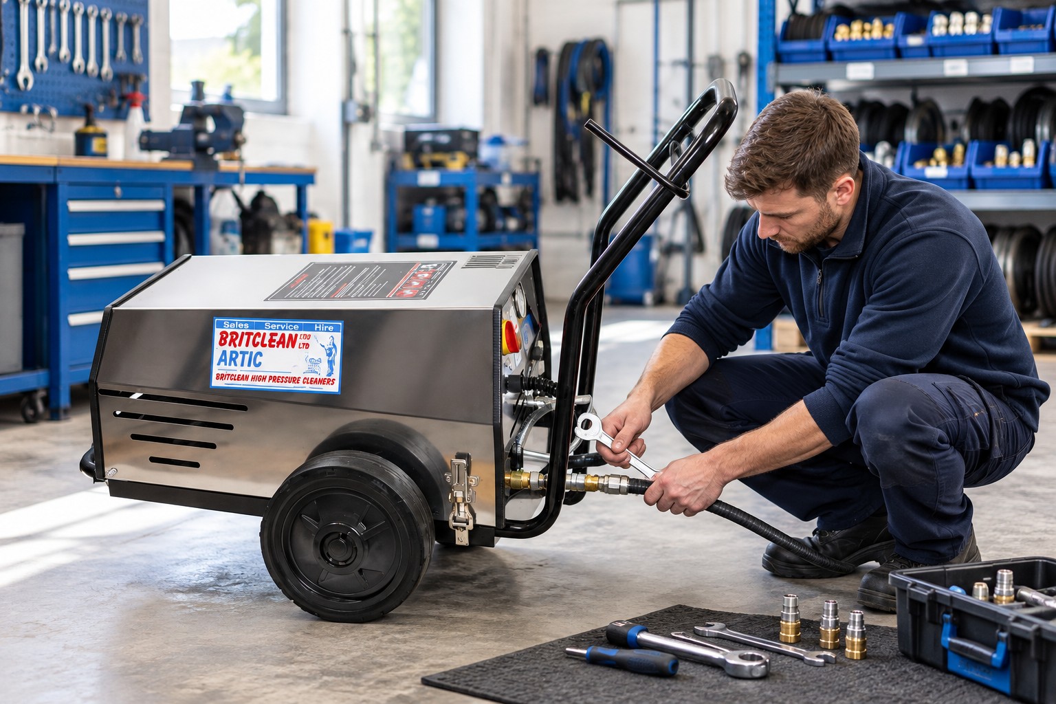 Industrial pressure washer engineer in a workshop