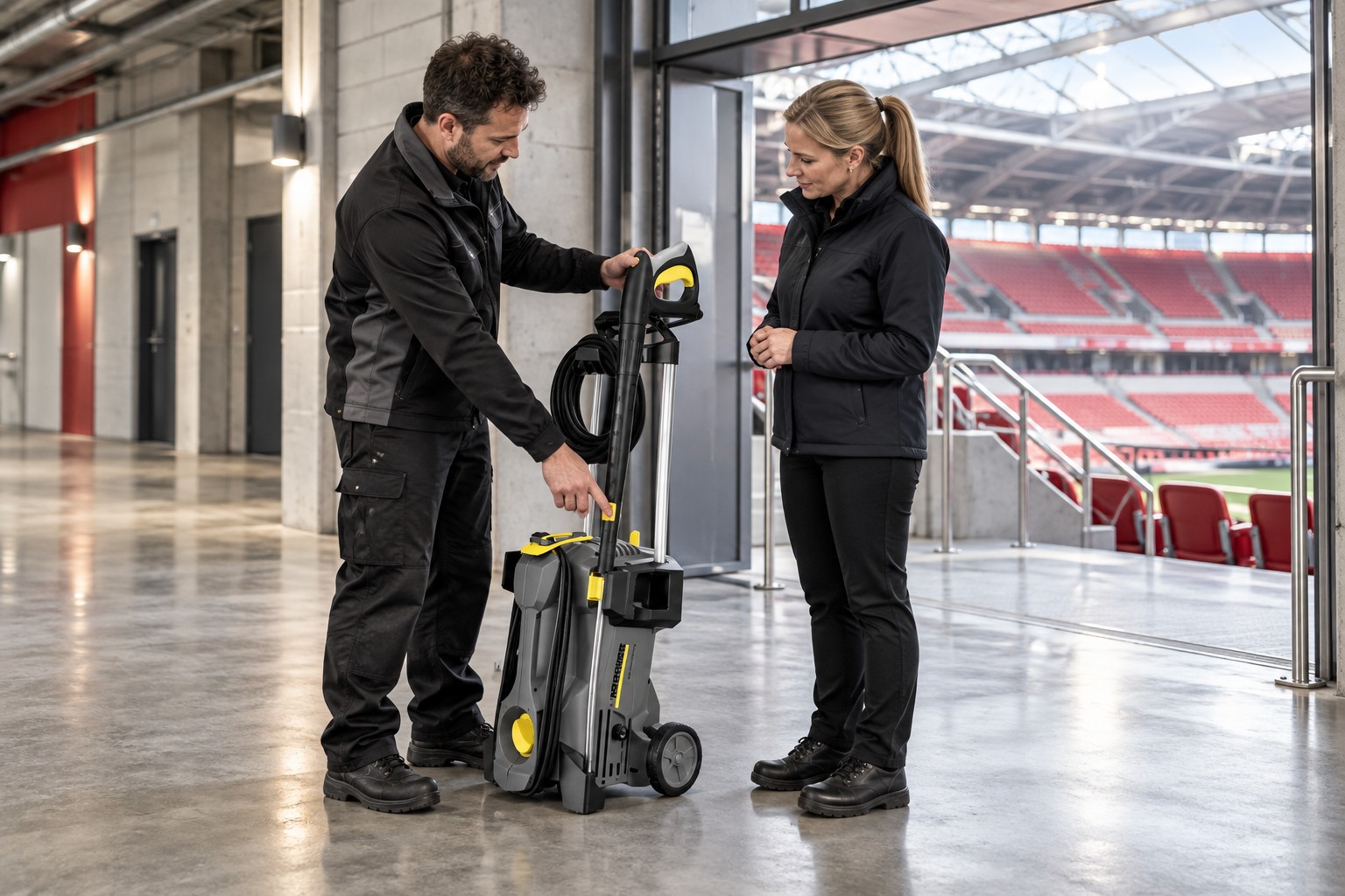 Karcher pressure-washer handover at a sports arena