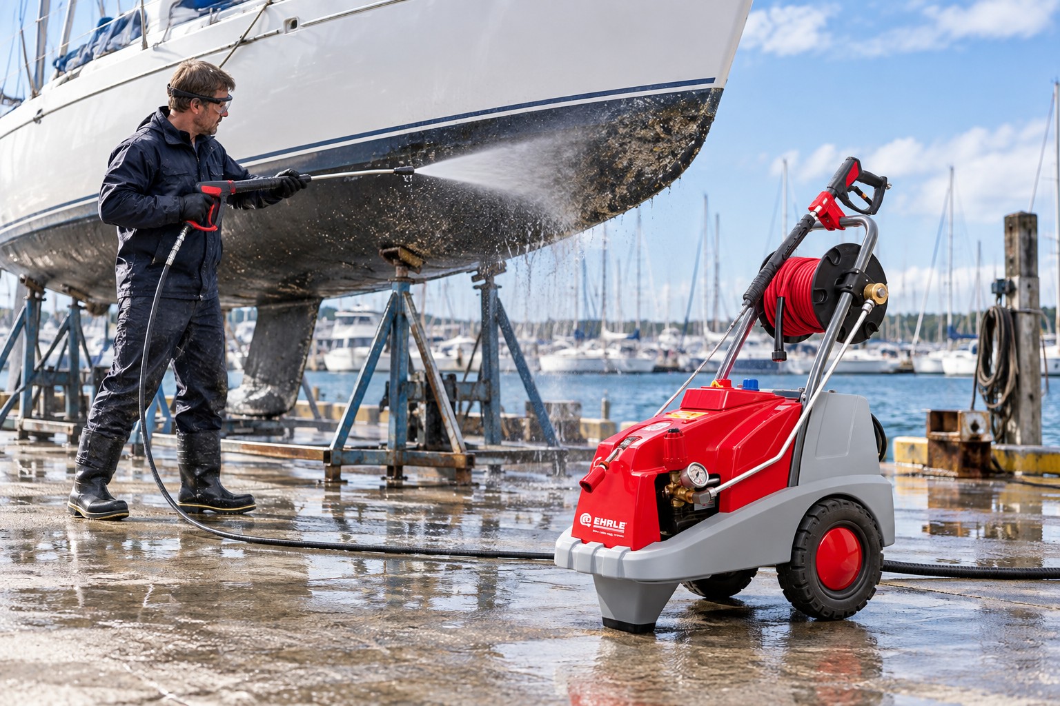 Ehrle pressure washer cleaning a boat at a marina