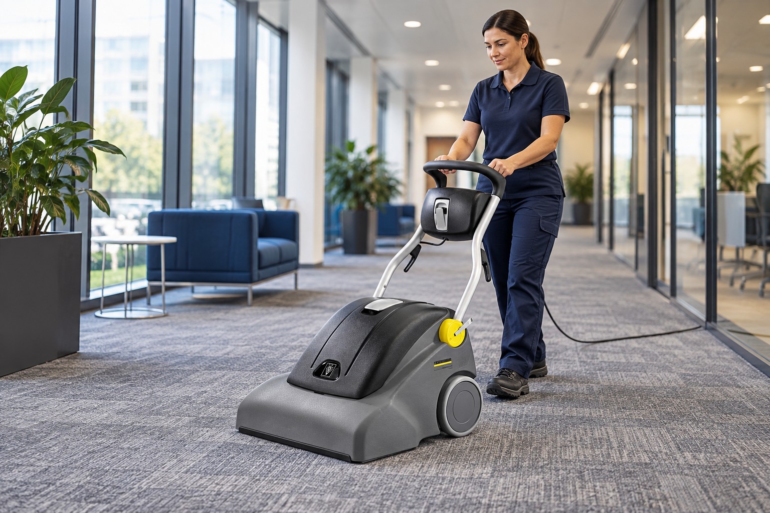 Karcher commercial floor vacuum in an office corridor