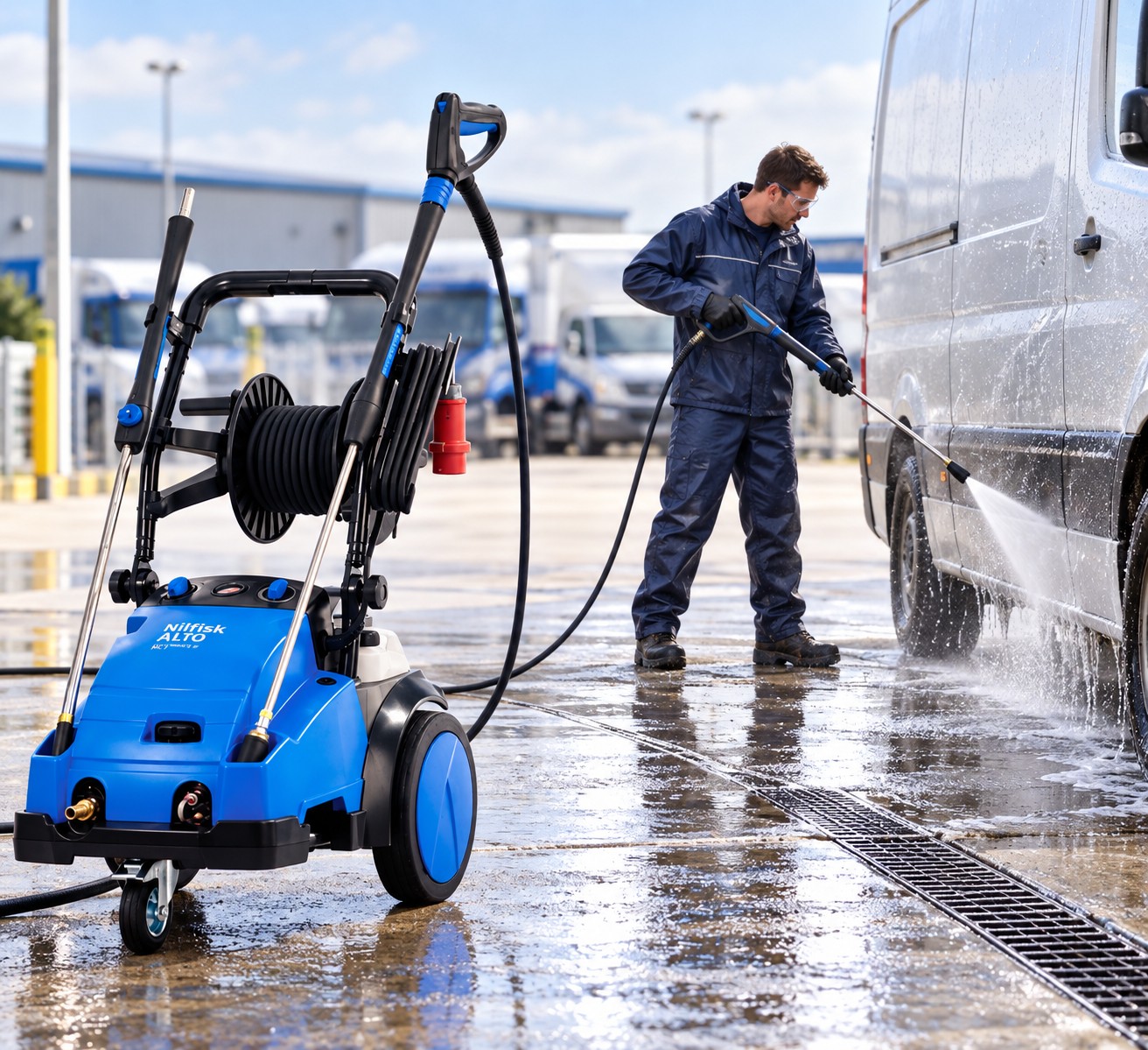 Nilfisk pressure washer cleaning a commercial fleet