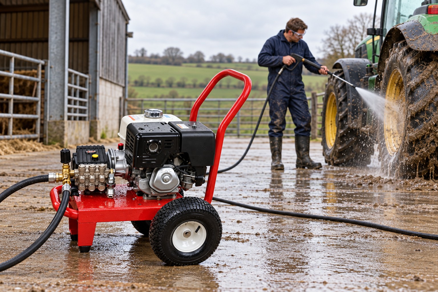 Petrol pressure washer cleaning agricultural machinery