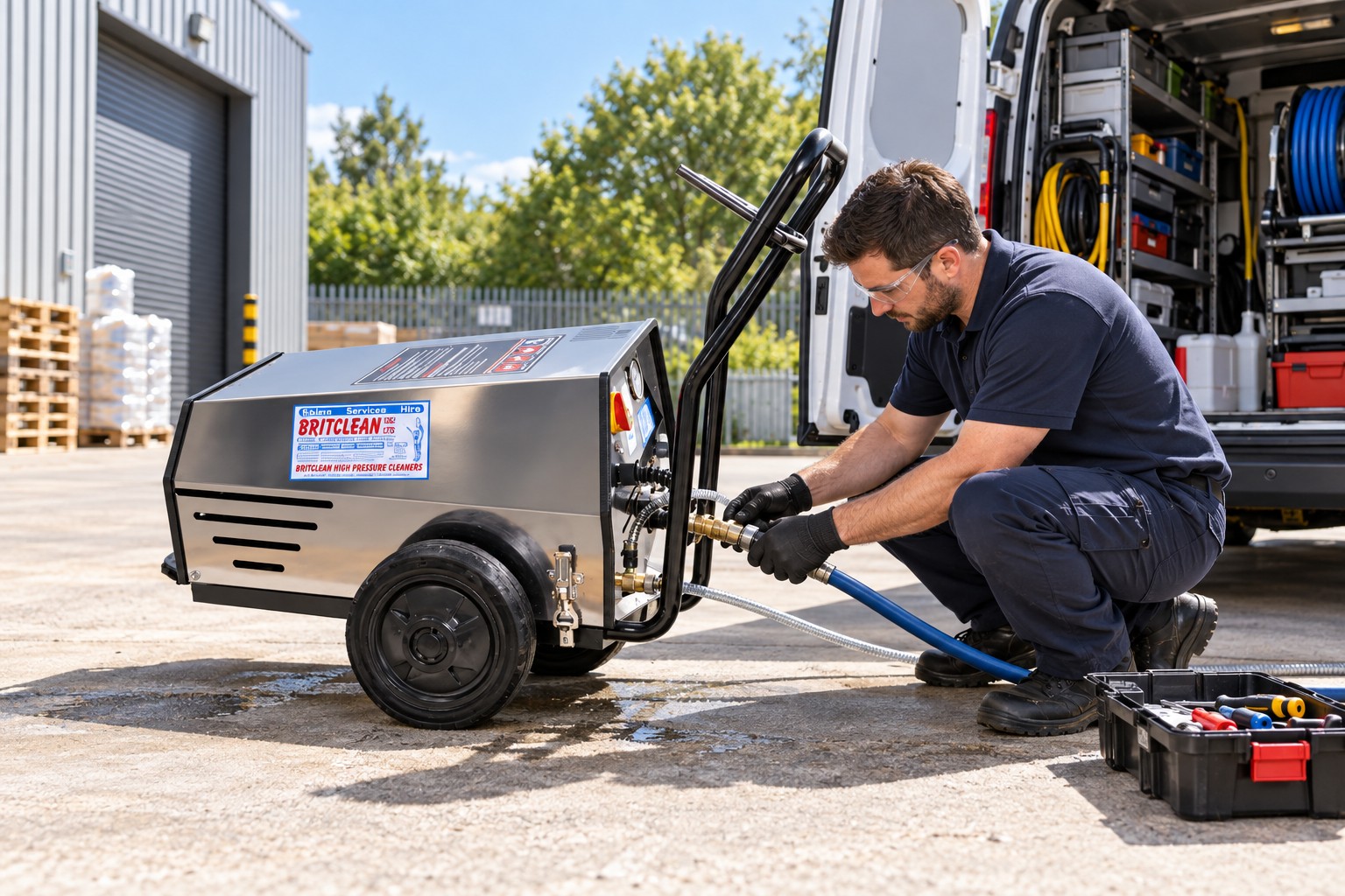 Britclean Artic pressure-washer repair beside a mobile service van