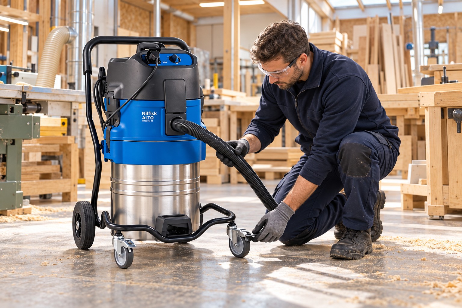Nilfisk industrial vacuum inspection in a woodworking workshop