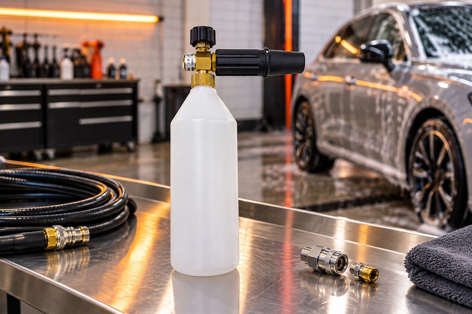 Foam lance and pressure-washing accessories in a valeting studio