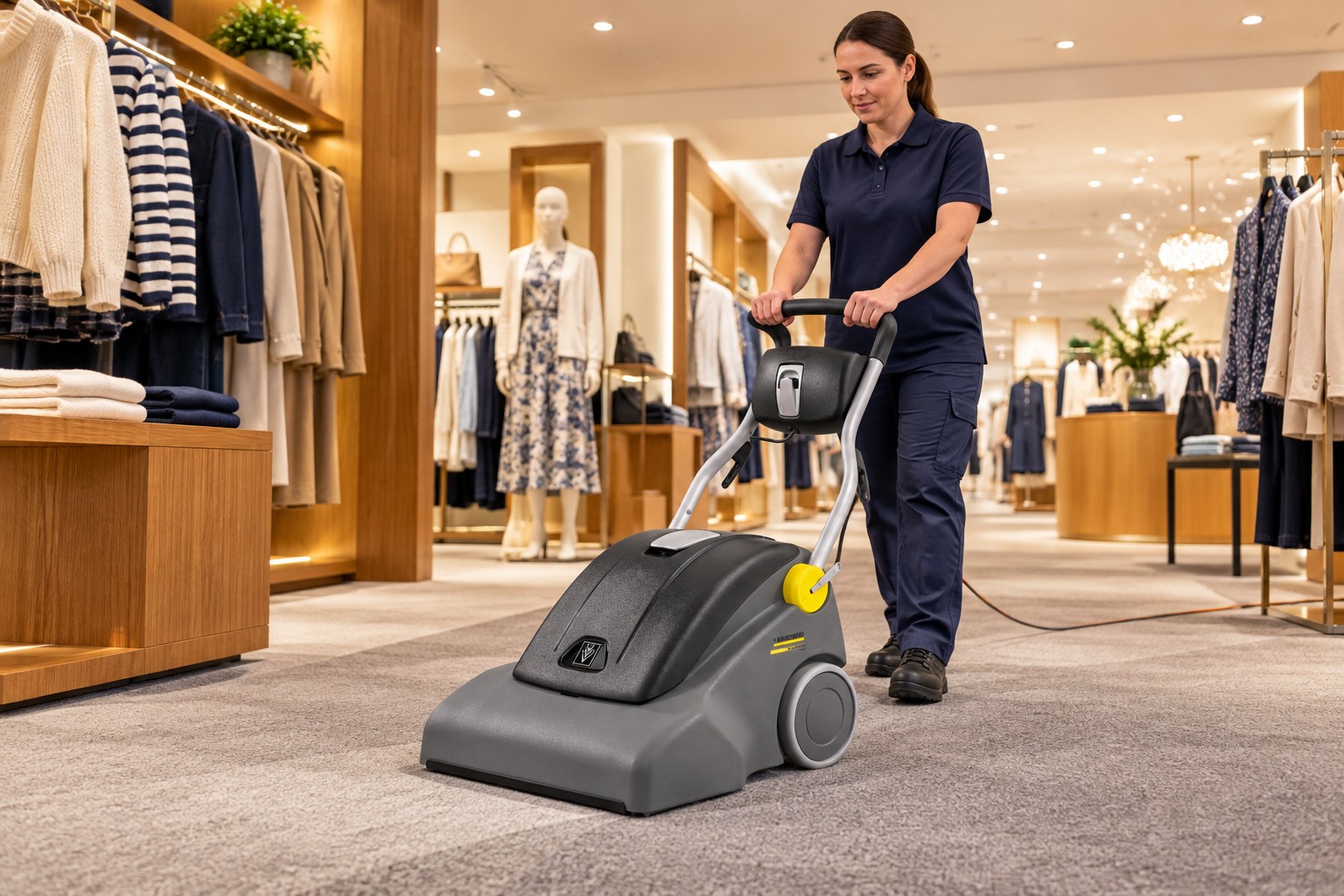 Karcher commercial floor vacuum cleaning a retail aisle