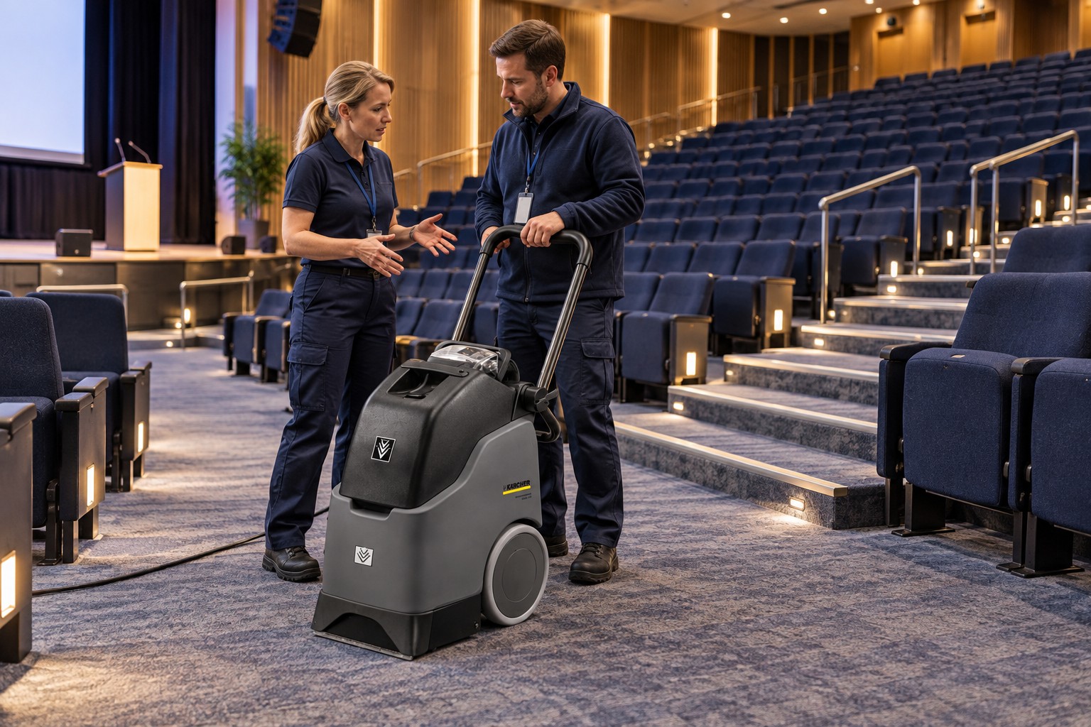 Karcher carpet-cleaning equipment advice at a conference venue