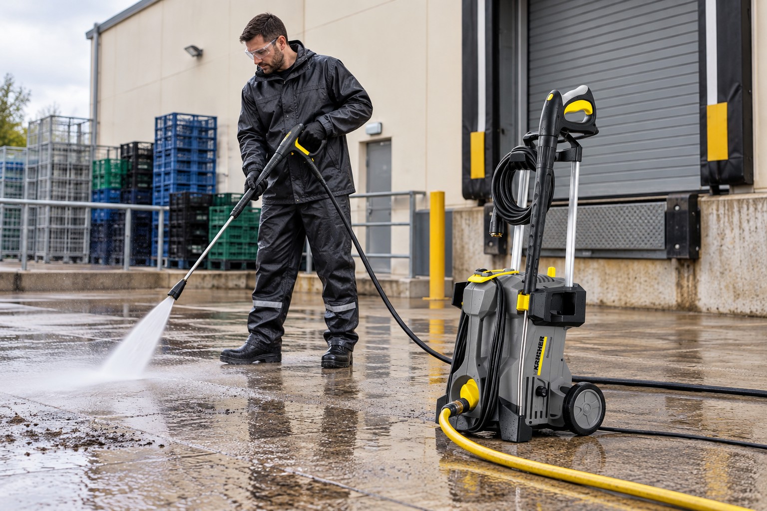 Karcher pressure washer cleaning an outdoor distribution loading dock
