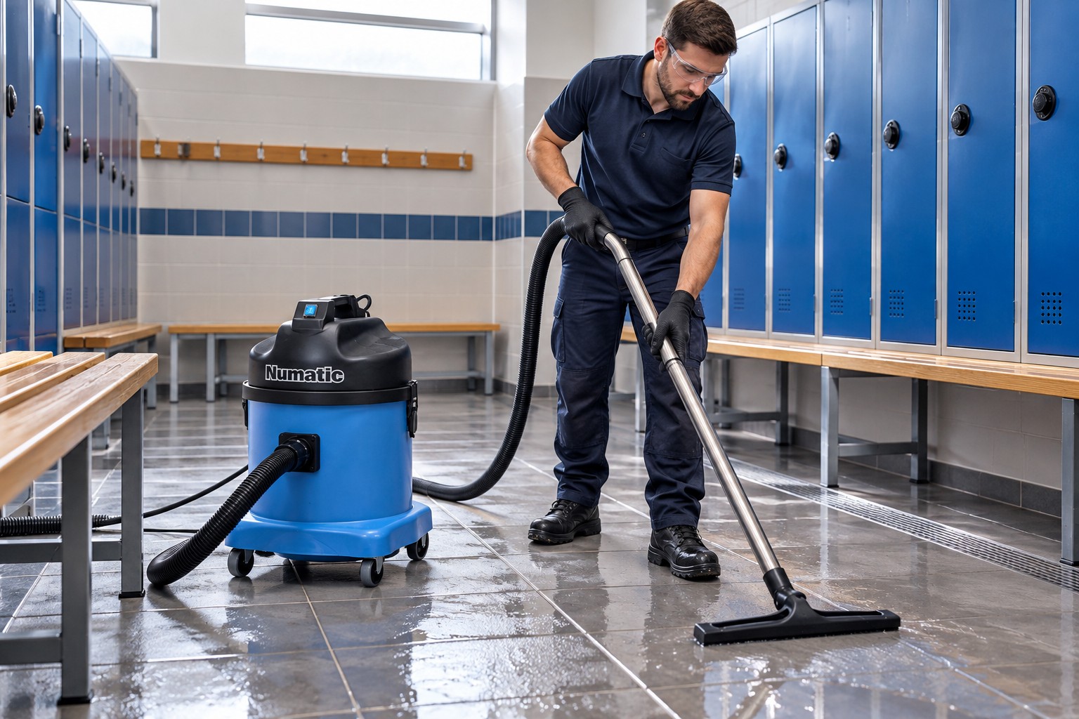 Numatic wet and dry vacuum cleaning a sports changing room