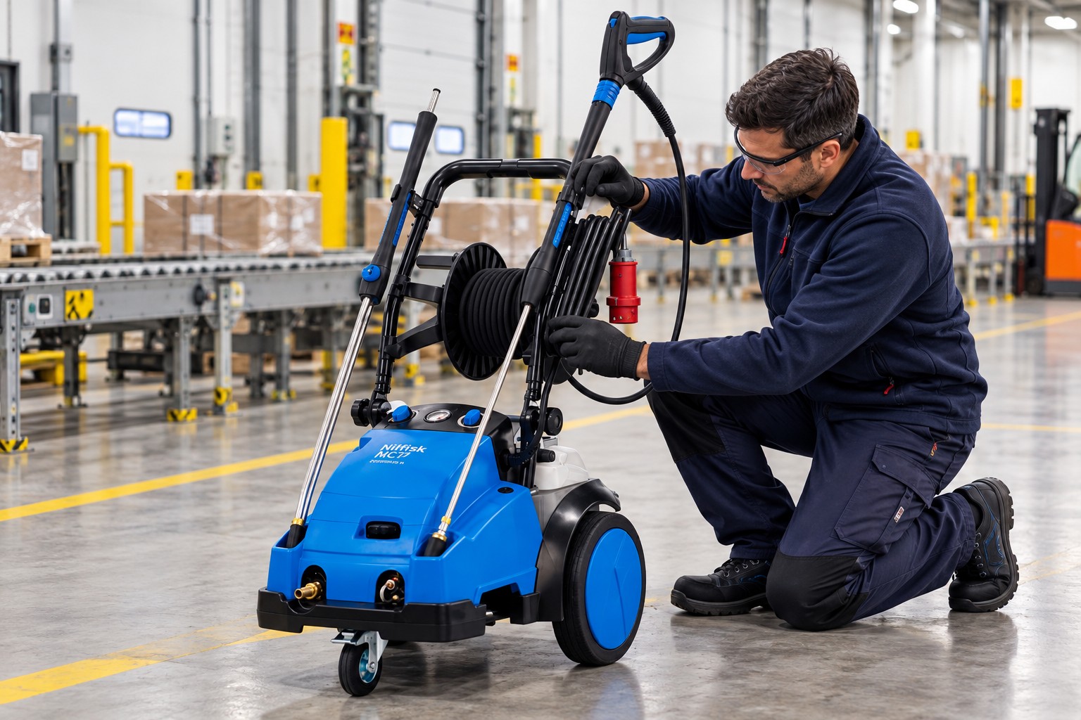 Nilfisk pressure-washer servicing at a logistics maintenance bay
